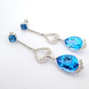 18K White Gold Earrings Detailed With Blue Topaz and Brilliant Diamonds