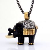 An Ebony-Carved Elephant Necklace Intricately Detailed With Brilliant Diamonds and Gold On Silver...