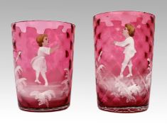 Pair of Victorian Cranberry Glass Tumblers – Mary Gregory Style