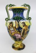 Hand-Painted Italian Majolica Two-Handled Vase with Serpent Handles c.1900