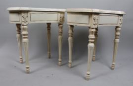 Pair of Cream Decapé Console Tables with Drawers
