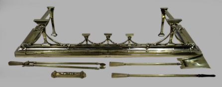 Antique Edwardian Brass Fireplace Fender & Matching Fire Irons
