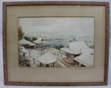 Japanese Watercolour – Snow-Covered Temple by E. Matsu c.1900
