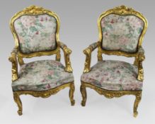 Pair of Vintage Carved Giltwood Louis XV Style Upholstered Armchairs