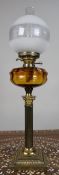 Victorian Brass Oil Lamp with Amber Glass Font