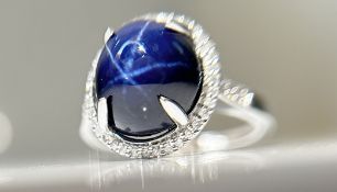 Beautiful 8.63 CT Unheated Ceylon Star Blue Sapphire With Natural Diamonds & 18k Gold