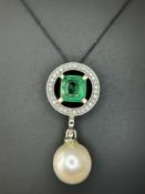 Beautiful 5.55CT South Sea Pearl, 1.14ct Emerald, Diamonds & 950 Platinum Pendant