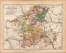 County Worcestershire 1895 Antique Victorian Detailed Coloured Map.