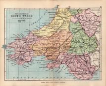 Counties of South Wales 1895 Antique Victorian Detailed Coloured Map.