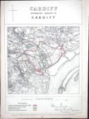 Cardiff City & District Wales Boundary Commission 157-Year-Old Coloured Antique Map.