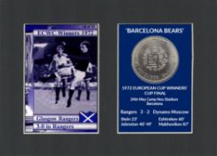 3-0 To The Rangers Barcelona Bears 1972 ECWC Mounted Card & Coin Set.