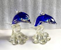 A Pair of Glass Blown Cobalt Blue Dolphin Figurines.