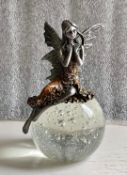Vintage Pewter Fairy Angel Sitting On An Art Glass Paperweight