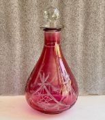Vintage Decorative Cut Cranberry Glass Decanter