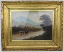 Cattle in a Stream â€“ Victorian Landscape by E.J. Bladon Oil on Board, Signed