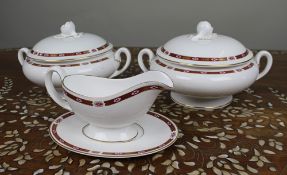 Colelction of Royal Worcester â€œGrosvenorâ€ Red & White â€“ Sauce Boat & Stand, and Two Lidded Tur