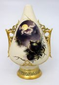Royal Worcester Blush Ivory Vase with Moonlit Bird Scene, Dated 1887 â€” Damaged