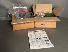 Two boxed 24hr M.O.D ration packs with sealed meals and snacks