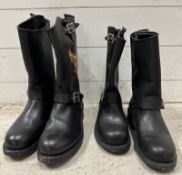 A pair of black leather CAT bikers boots size 6 and a pair of Harley Davidson bikers boots, unsized