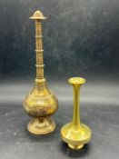 A etched brass rose water sprinkler and small brass vase AF