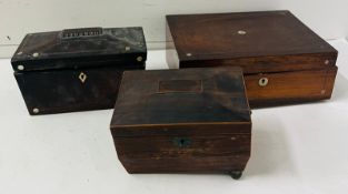 Three wooden boxes, two Sarcophagus tea caddy's and a work box AF
