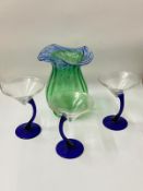 Cobalt blue and green Art glass vase, signed to base and three Bravura Martini glasses