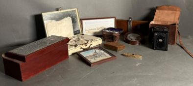 A selectin of curios to include Lifford tie press, box with medieval style lid AF, opera glasses,