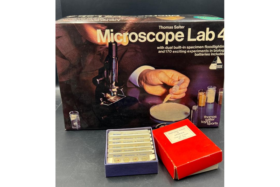 A Thomas Salter Microscope Lab $ along with several boxes of slides, including prepared slides of - Image 1 of 3