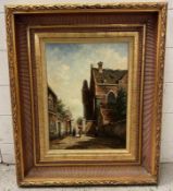 An 19th Century style oil on panel of a townscape with figures to fore, signed R. Fainello lower