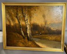 An 19th/early 20th century oil on canvas of a river scene featuring shepherd and his flock,