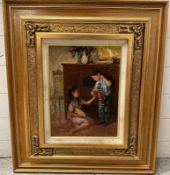 An oil on board of children playing with a marionette doll signed Verso 65cm x 75cm