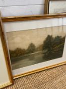 Two framed prints. One of a windmill and one a still life of flowers.