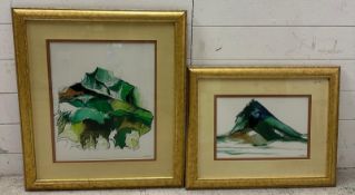Two abstract prints in various shades of green and black signed lower right by Indian artist