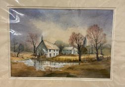 A water colour of a village scene with a farmhouse to foreground and a church to background by Anita