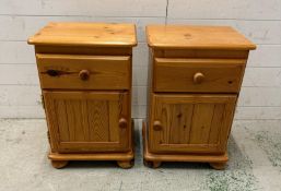 A pair of pine bedside tables, single drawer with cupboard under (H60cm W43cm D34cm)