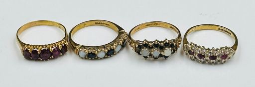 A selection of coloured stone 9ct gold rings, various finishes and stones, approximate total