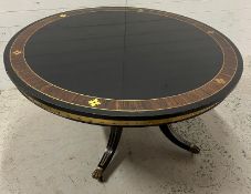 Ebonised pedestal dining table with brass ornate decor (H75cm Dia137cm)