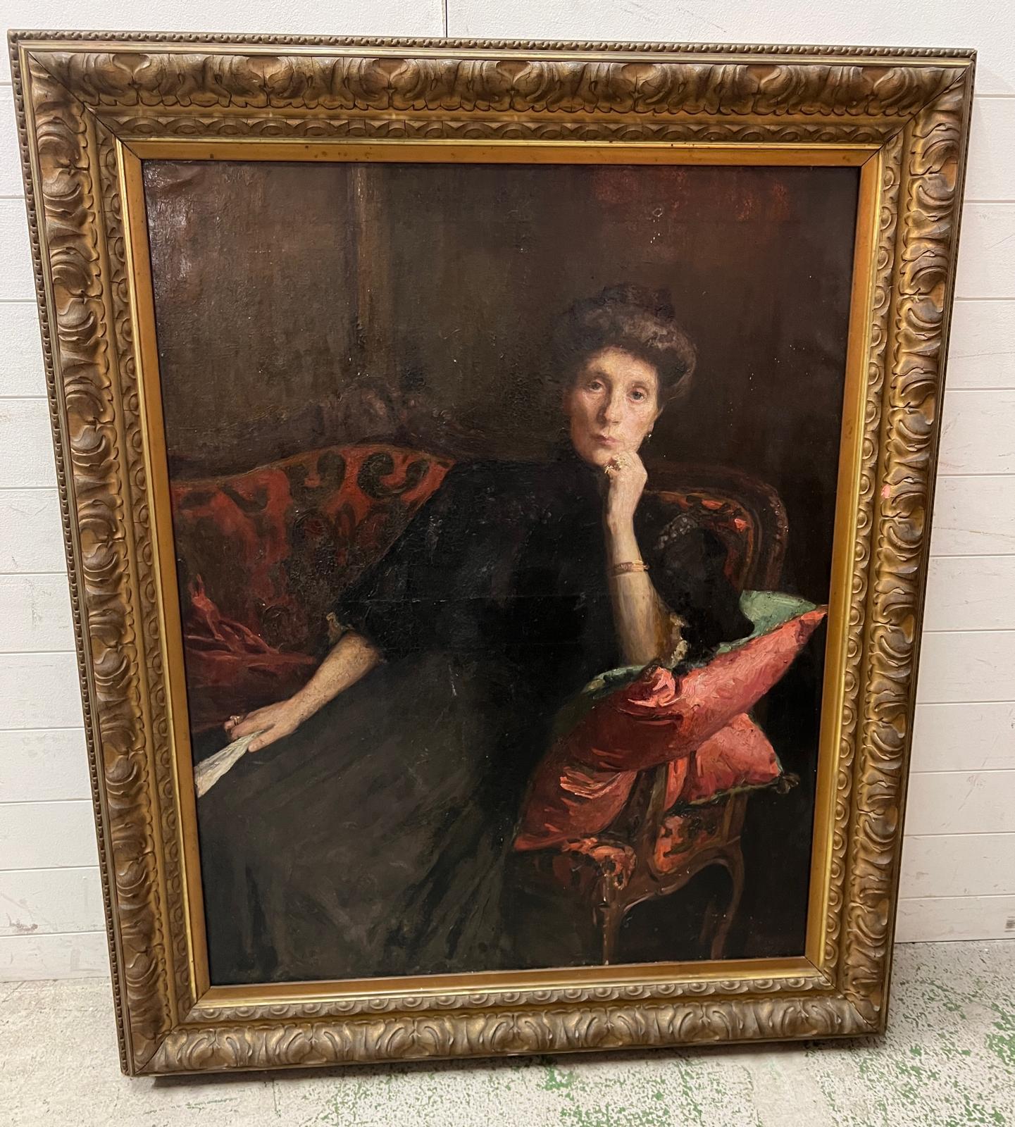 Portrait of a seated lady with fan in hand, artist unknown, oil on canvas