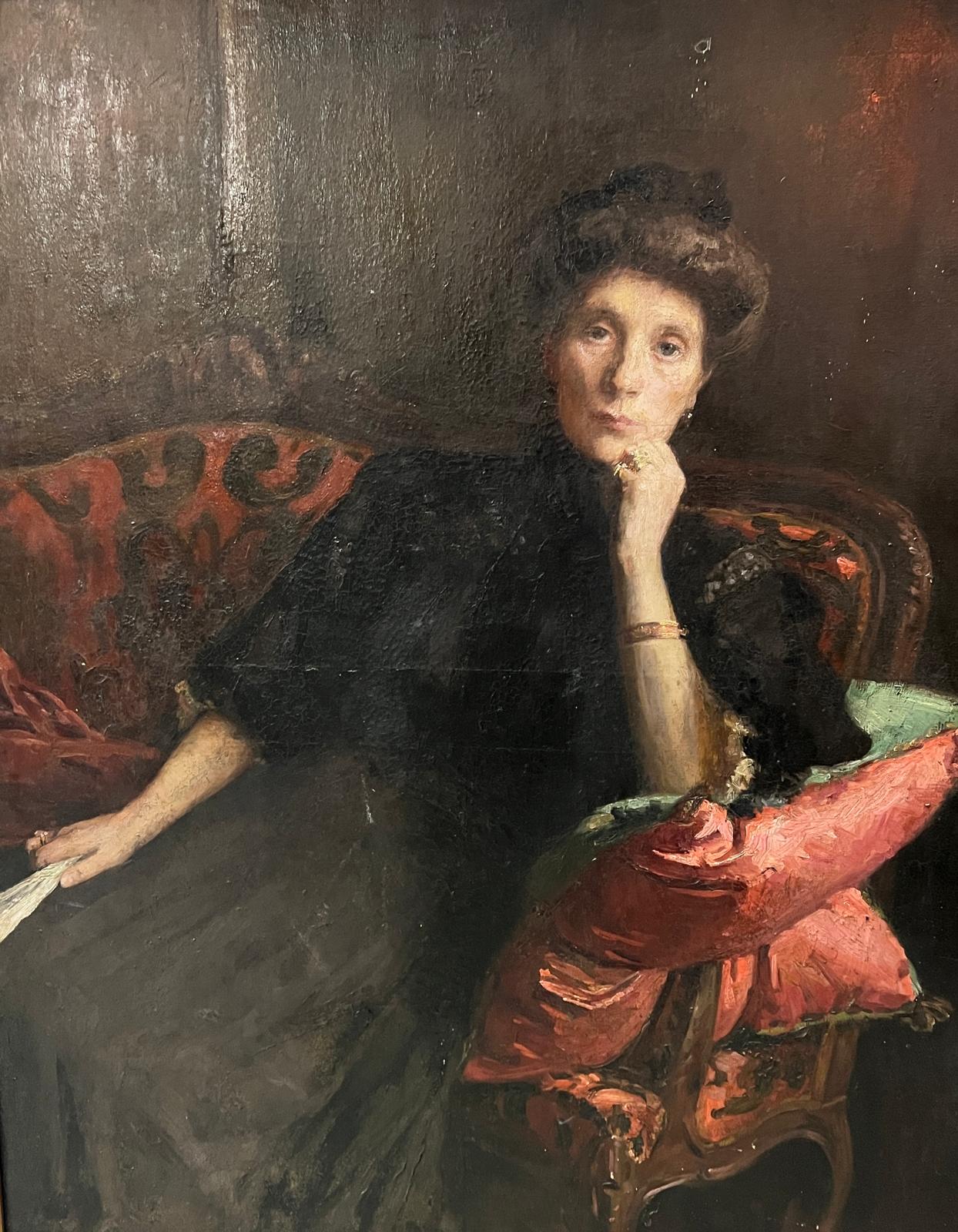 Portrait of a seated lady with fan in hand, artist unknown, oil on canvas - Image 7 of 9