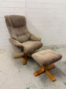 A Shangri La chenille fabric swivel recliner with foot stool