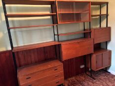 A Mid Century ladderax style three piece wall unit with drawers, cupboard and a glazed unit.