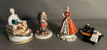 A selection of ceramics to include a capodimonte seated girl and a miniature sewing machine tea pot