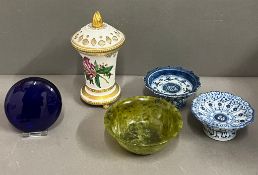 A Spode jar signed cobalt blue pebble and blue and white footed dishes