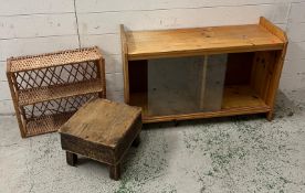 A collection of shelves, cabinet and stool