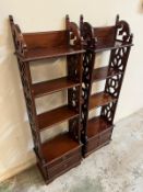 Two Regency style three shelf unit with pierced sides (H112cm W34cm D16cm)