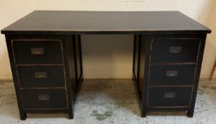 A contemporary black painted pedestal desk with campaign style handles by LomBok (79cm x 84cm x