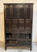 A Chinese black lacquered kitchen/display cabinet (H 200cm x 60cm x 117cm)
