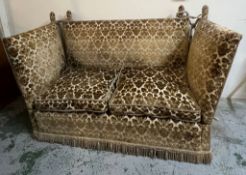A country house Knowle style settee with drop sides and upholstered frame. (H96cm W155cm D72cm)