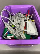 A crate of assorted LEGO including train set parts, power pack, etc.