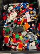 Large crate of assorted LEGO pieces including some Duplo; crate approx. 38 x 53 x 32 cm.